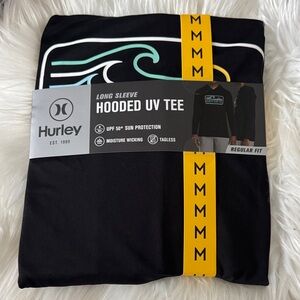 Hurley Black Long Sleeve Hooded UV Tee with Mint and White Wave Graphic